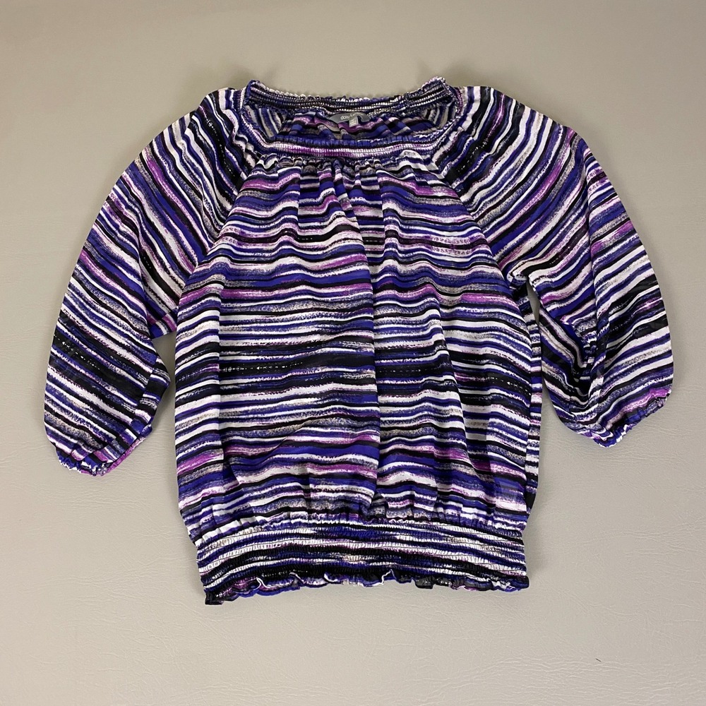 Daisy Fuentes Blouse Smocked Off Shoulder Top XL Malibu Blue Purple Striped‎ *